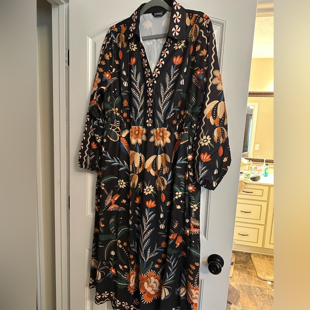 BloomChic Orange and Brown Sundress with 3/4 Bishop Sleeves and V-Neck